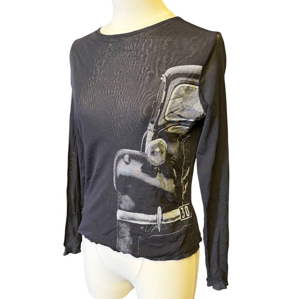 Bluton Mesh Top Women M Black Good Graphic Car Motor Y2K Indie Sleaze Grunge